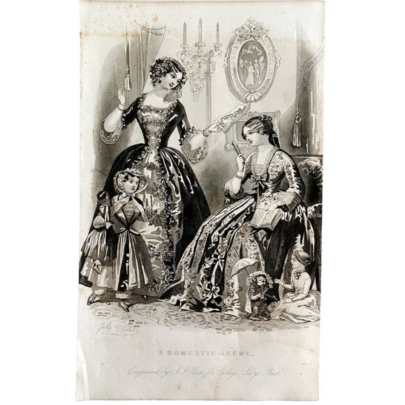Domestic Scene Engraving 1859 Gorgeous Victorian Family Fashion Art DWY5F - Picture 2 of 2